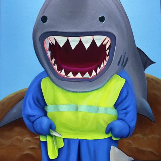 Image similar to Shark wearing a janitors outfit, high quality painting