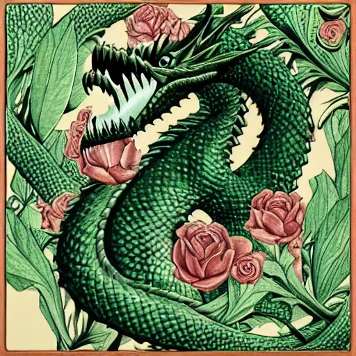 Prompt: green dragon surrounded by rosebuds, by mc escher, trending on artstation, intricate, elegant