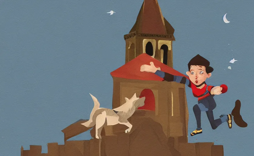 Image similar to a boy fighting a wolf on the edge of a clocktower, storybook, muted colors, gouache, flat, sharp edges, print