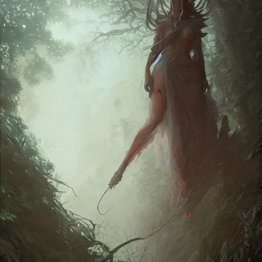 Image similar to A goddess of the forest, trending on Artstation, Greg Rutkowski, Wayne Barlowe