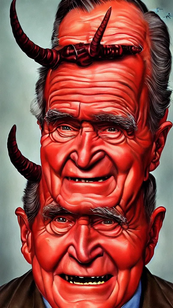 Image similar to demonic george hw bush with red horns, painting in the style of norman rockwell, 1 9 5 0 s, evil, satan, devil, demonic, demon, hyperrealistic, photorealistic, award - winning, 4 k, ultra hd, artstation, intricate, highly detailed, american, usa, dark, gritty