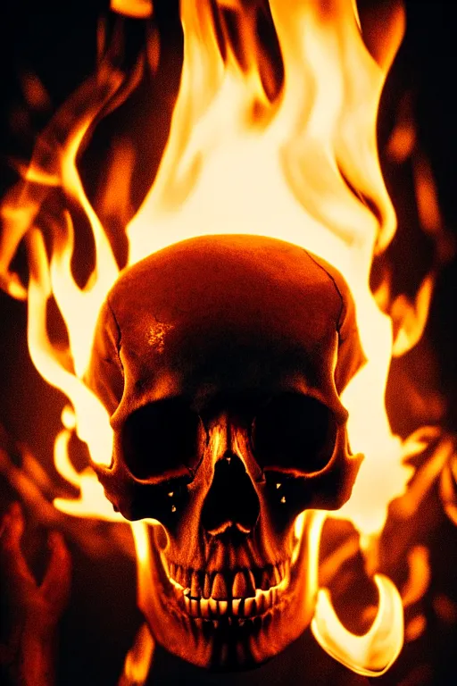 Image similar to photograph of a skull burning while being held up by a skeletal hand photorealistic, hyperdetailed, volumetric light, cinematic, f 8 aperture