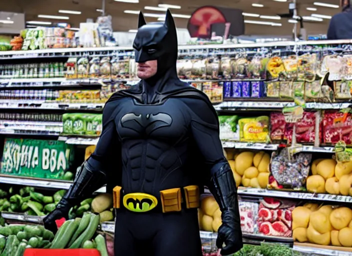 Image similar to film still of Batman working as a Bagger at a grocery store in the new batman movie, 4k