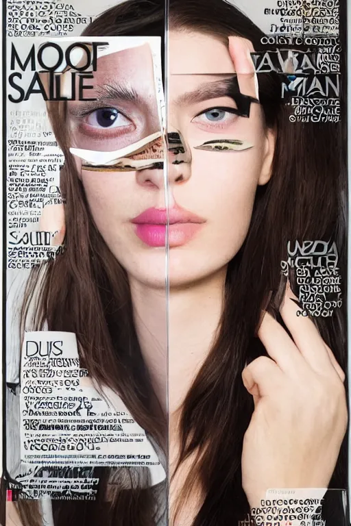 Prompt: -A man is standing next to table and watching the fashion magazine, he trasforms his face into a copy of female model's face which is in the fashion magazine.