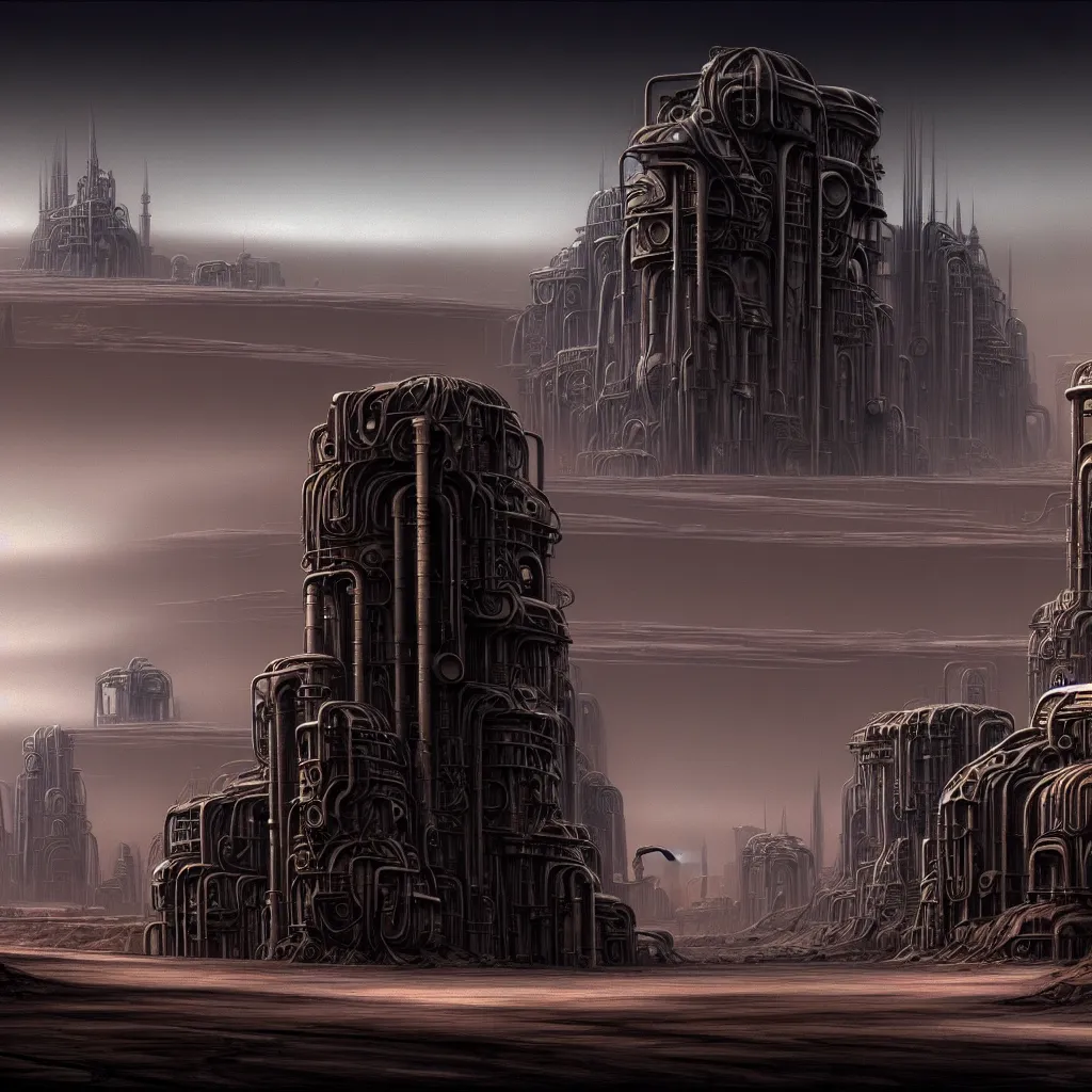 Image similar to industrial city in the desert, dune concept art by Yoshitaka Amano and H.R. Giger, monolithic structures, looming buildings, dark atmosphere, 4k, detailed,