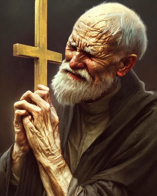 Prompt: poor hungry old man praying to a cross, emotional sad painting, very poor, cross, christianity, fantasy, dramatic lighting, intricate, wild, highly detailed, digital painting, artstation, concept art, smooth, sharp focus, illustration, art by artgerm and greg rutkowski and alphonse mucha