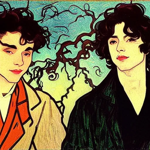 Image similar to painting of young cute handsome beautiful dark medium wavy hair man in his 2 0 s named shadow taehyung and cute handsome beautiful min - jun together at the halloween! party, bubbling cauldron!, candles!, smoke, autumn! colors, elegant, wearing suits!, delicate facial features, art by alphonse mucha, vincent van gogh, egon schiele