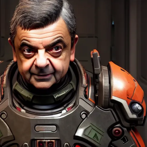 Image similar to rowan atkinson in doom eternal, highly detailed, extremely high quality, hd, 4 k, 8 k, professional photographer, 4 0 mp, lifelike, top - rated, award winning, realistic, detailed lighting, detailed shadows, sharp, no blur, edited, corrected, trending