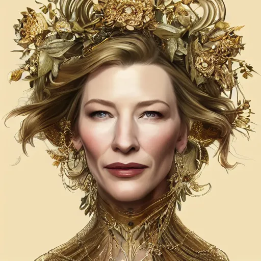 Image similar to Portrait of cate blanchett wearing a floral crown, olive skin, long dark hair, beautiful bone structure, shiny gold background, intricate, elegant, highly detailed, digital painting, artstation, concept art, smooth, sharp focus, illustration, art by artgerm and greg rutkowski and alphonse mucha