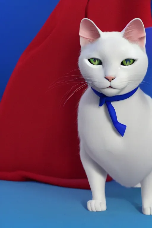 Image similar to a white cat with blue eyes wearing a red formal overcoat, hyperrealistic, concept art, octane render, unreal engine 5, realistic and defined face, profile picture, digital art, pixar and disney style, symmetrical, high quality, highly detailed, high coherence, path traced, house background, low contrast, beautiful, elegant clothes