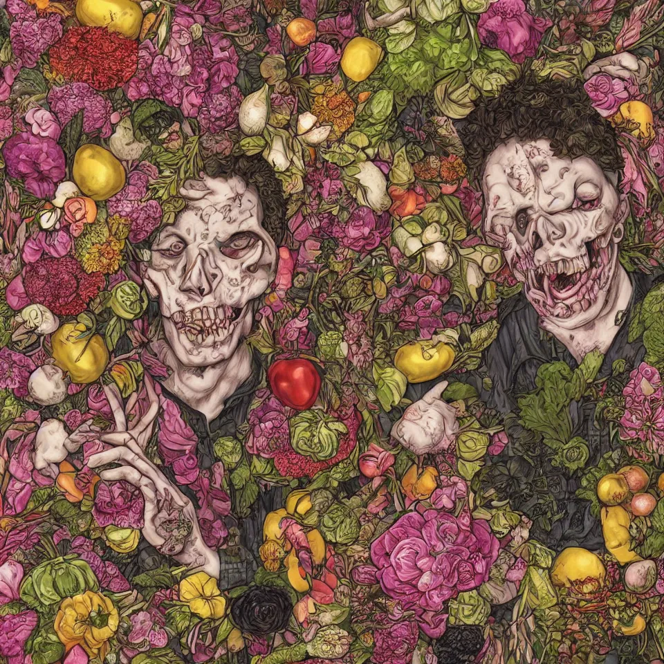 Prompt: hyper-detailed single portrait of a zombie straightedge punk made out of fruits, vegetables and large flowers in the Baroque style of Arcimboldo, crystalline skin, cinematic lighting, cartoonish, Studio Ghibli, dull pink background,