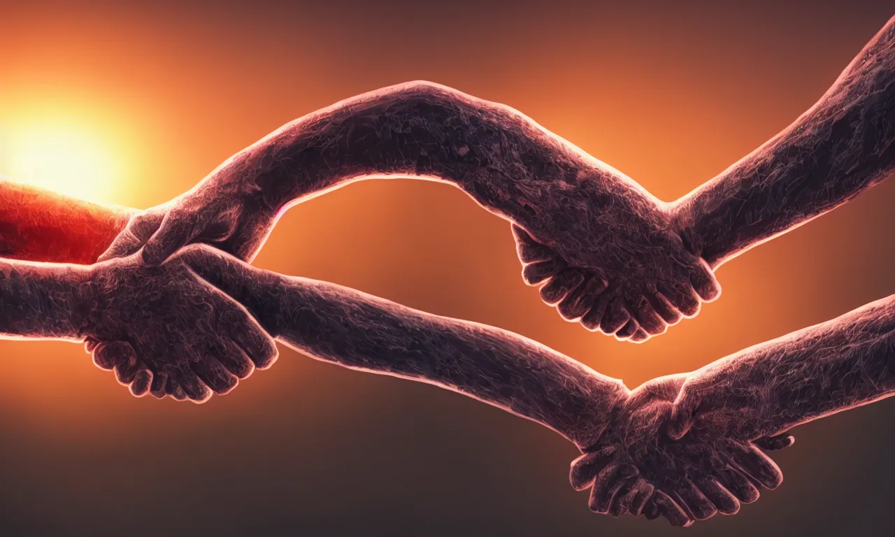 Prompt: close shot of strong handshake and interlocking arms against a background of sillicon chip blood vessels sunset at sunset in the style of trending on artstation cinematic