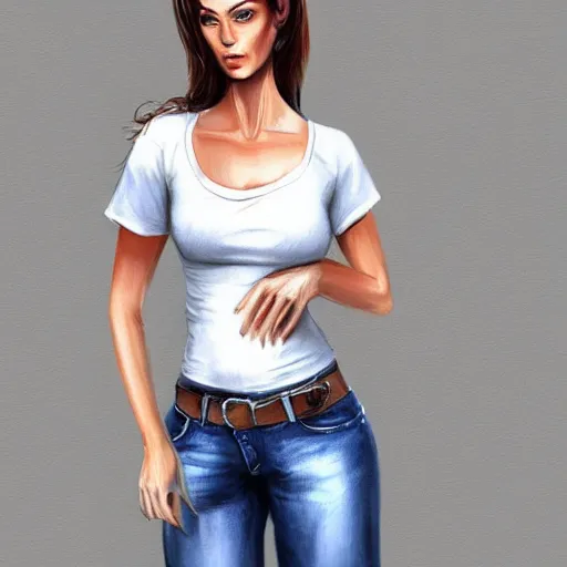 Image similar to woman in jeans wih belly, white t - shirt, realistic style, digital painting, diego fazio, samuel silva