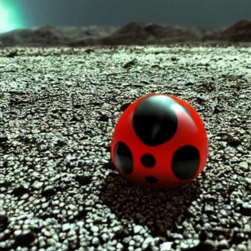 Image similar to promotional still wide angle, a mountain - sized ladybug roams a barren wasteland, dramatic lighting, ( e. t. the extra - terrestrial ), batteries not included, harry potter, octane 3 d render, imax, 7 0 mm.