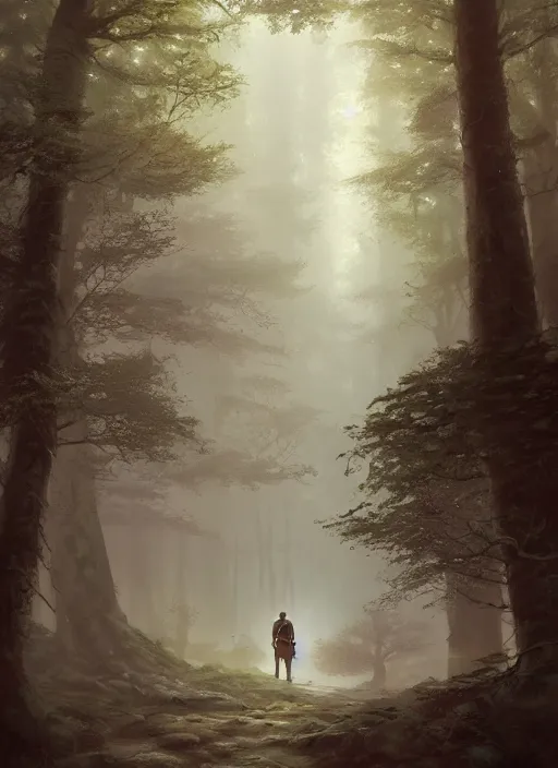 Prompt: a man walking through a forest with a horse, a detailed matte painting by jordan grimmer, cgsociety, fantasy art, matte painting, 2 d game art, volumetric lighting