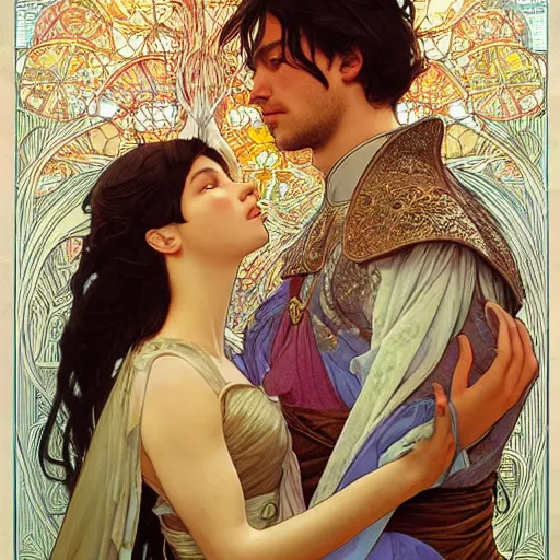 Image similar to lyanna stark and rhaegar targaryen bright colorful, zen, minimalist, sunny environment, highly detailed, realistic, up close shot shinji aramaki, karol bak, alphonse mucha