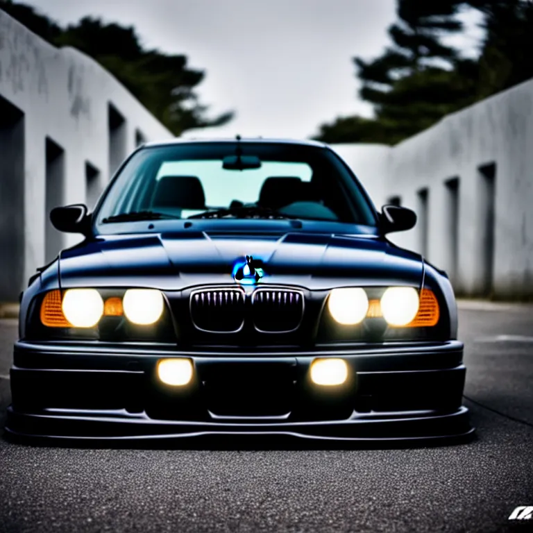 Image similar to close-up-photo BMW E36 illegal meet, cambered wheels, Saitama prefecture, misty midnight, cinematic color, photorealistic, high detailed wheels, highly detailed, custom headlights