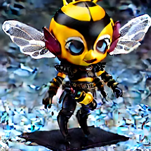 Image similar to photograph of cute bee nendoroid with themed armor with crimson - black metal bee wings, portrait, hyperdetailed, artstation, cgsociety, 8 k, by tangerine dream