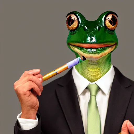 Image similar to a high detail closeup photograph of a 🐸 wearing a suit 👔,and smoking a cigarrette🚬, award wining photograph