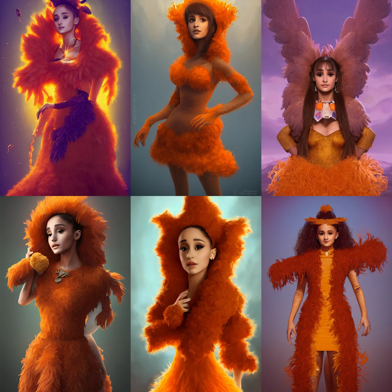 Prompt: ultrarealistic fantasy portrait mage ariana grande dressed as a chicken mcnugget, orange dress made out of ( chicken nuggets ) ( chicken nugget ) mantle gothic ( chicken nugget ) cloak with intricate details, fantasy character octane render, cinematic lighting, volumetric lighting, artstation, dnd art, cgsociety, sharp focus, digital painting by artgerm, gerald brom, wlop