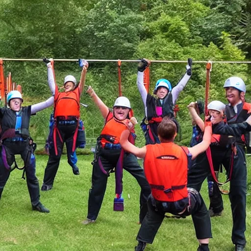Image similar to a group of go ape instructors cheering with glee at a y - swapper being replaced
