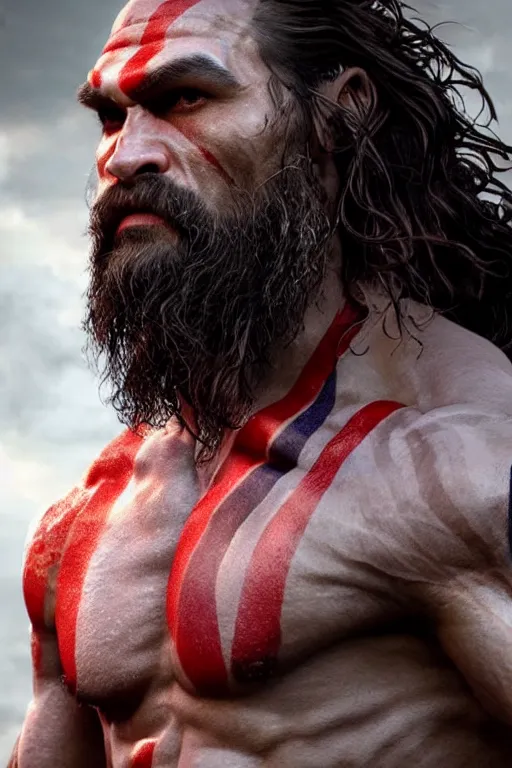 Image similar to film still from god of war, a highly detailed beautiful closeup photo of jason momoa kratos with long windblown wet hair holding a sword and fighting zombies on a pile of human skulls, spartan warrior, olympian god, muscular!,, action pose, ambient lighting, volumetric lighting, octane, fantasy