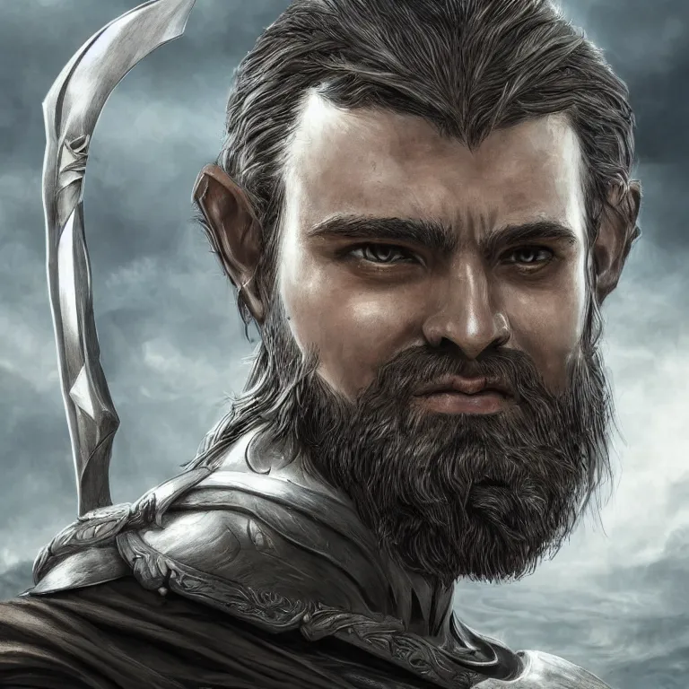 Prompt: fantasy art of a male human warrior, lord of the rings, poster, finely detailed face delicate features, black full beard, full body, realistic, sharp focus, 8 k high definition, insanely detailed, intricate, elegant, character portrait, portrait, close up, concept art