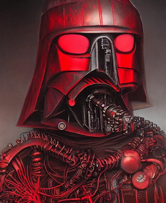 Image similar to a red steampunk darth vader with mechanical tendrils by HR Giger and Beksiński, 4k resolution, detailed, trending on artstation