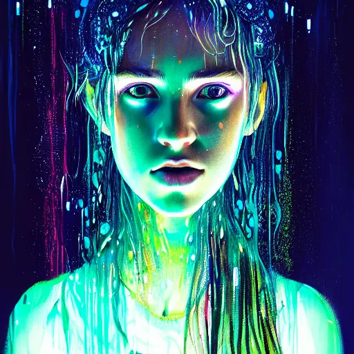 Prompt: portrait of a girl in the glowing neon rain with wet hair and face, fantasy, intricate, elegant, dramatic lighting, emotionally evoking symbolic metaphor, highly detailed, lifelike, photorealistic, digital painting, artstation, concept art, smooth, sharp focus, illustration, art by John Collier and Albert Aublet and Krenz Cushart and Artem Demura and Alphonse Mucha