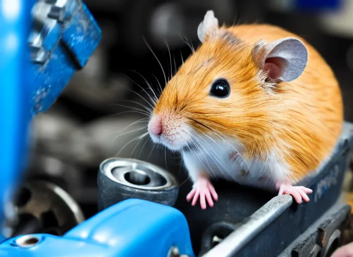 Image similar to film still of a hamster working as a mechanic in an auto shop, 8 k