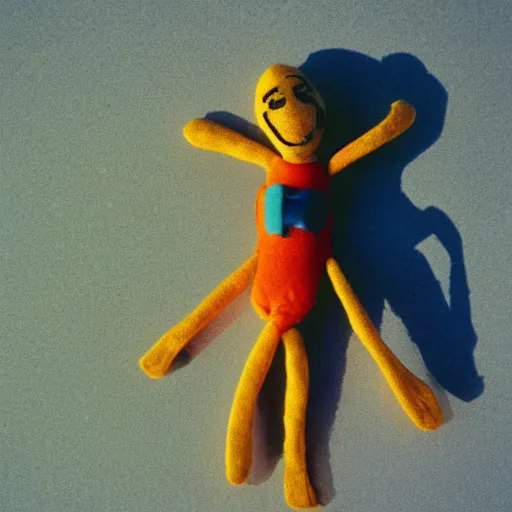 Prompt: A warm photograph of a puppet, overhead view, beach, warm lighting, soft focus, Bay Watch 2003