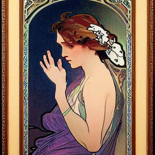 Prompt: a painting of a woman by alphonse mucha turned into a beautiful hand embroidery