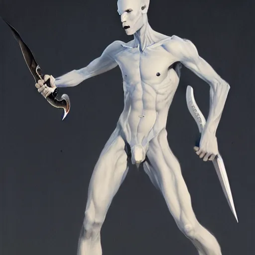 Prompt: fantasy painting of a pale man with a black blade, painted by Bayard Wu, ultra detailed, 8k