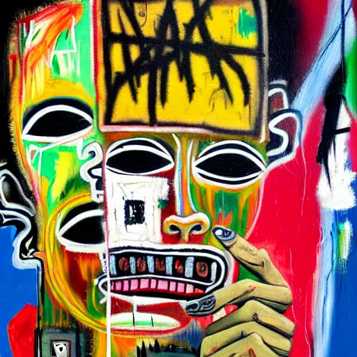 Prompt: detailed chaotic neo expressionism oil painting of sad boy rapper crying with tattoos by basquiat