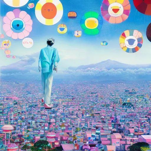 Image similar to a man walking on clouds away from the camera above kyoto by takashi murakami, beeple and james jean, aya takano color style, 4 k, super detailed, modern, 4 k, symmetrical