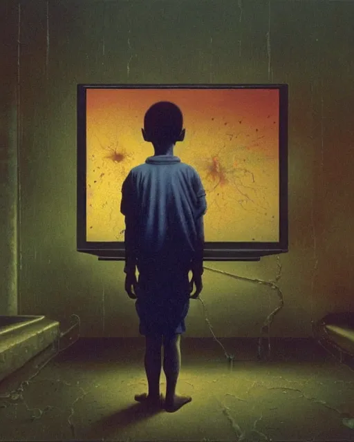 Image similar to 8k professional photo of an 8 years old enlightened and scared boy standing in front of a computer from 90s with a game doom2 at the monitor screen, Beksinski impasto painting, part by Adrian Ghenie and Gerhard Richter. art by Takato Yamamoto, masterpiece. still from a movie by Gaspar Noe and James Cameron