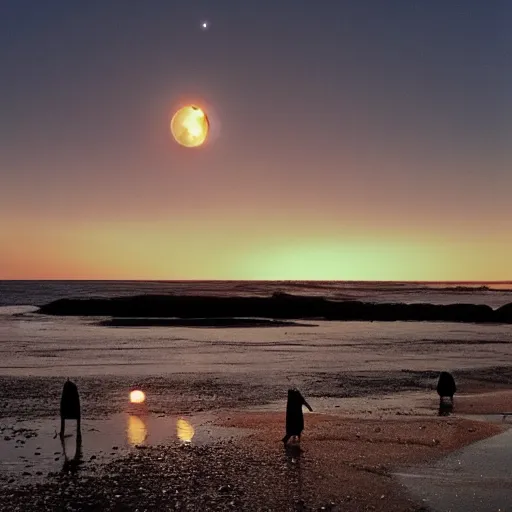 Image similar to sailboat stuck at low tide, sunset, two moons in sky, star wars ewoks helping to push it in water, ewoks pushing, ewoks helping, ewoks