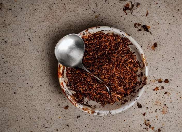 Image similar to dslr food photograph of a a bowl filled with rusty nails and milk with a spoon placed on the table next to it, 8 5 mm f 1. 8