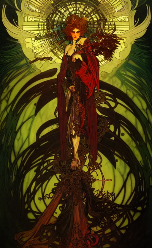 Image similar to the dark angel of death, intricate details, cinematic lighting, volumetric lighting, by mohrbacher and alphonse mucha, rich colors, post - processing