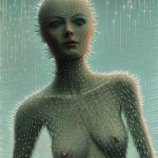 Image similar to Woman, body covered in spiky tesseract-shaped ice crystals on skin, 150mm, shiny, flat background, glowing, wires everywhere, by Edgar Maxence and Ross Tran, Zdzisław Beksiński, and Michael Whelan, distant, gustav dore, H.R. Giger, 8k, octane render