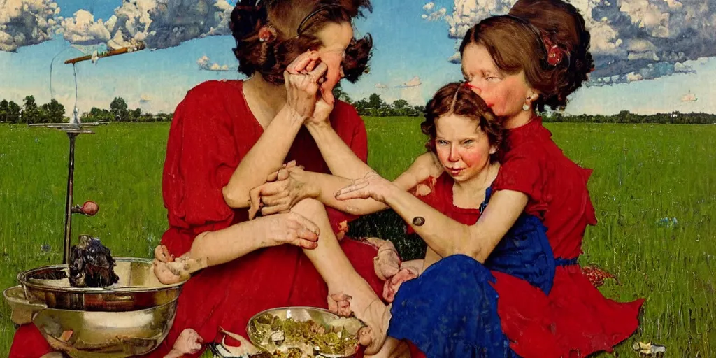 Prompt: a painting, style of norman rockwell and john burkey, one mother and her one very young daughter, in long red or blue dresses, with clothes on, smoking a bowl of hash together, from a huge red glass bong, sitting in a field of cannabis, with dark clouds in the sky