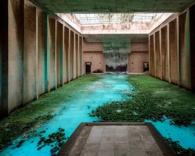 Image similar to abandoned place by ricardo bofill. an underground waterpark that used to be full of life, now empty at nighttime, under artificial fluorescent lights.