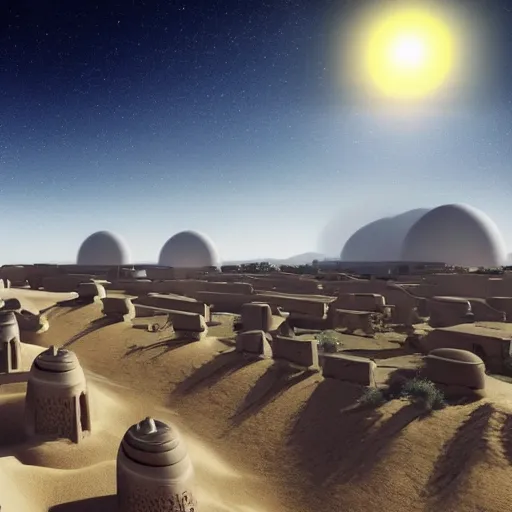 Prompt: a village in the desert, white houses, two suns, star wars style