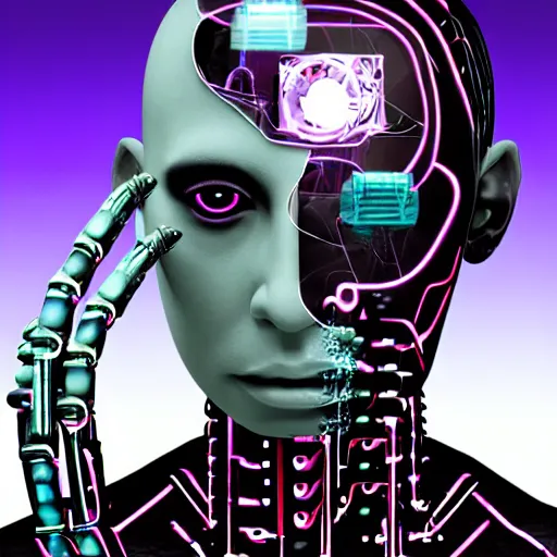 Image similar to as android of the pseudo - flesh with invasive cybernetic implants and viral infection, award winning digital art