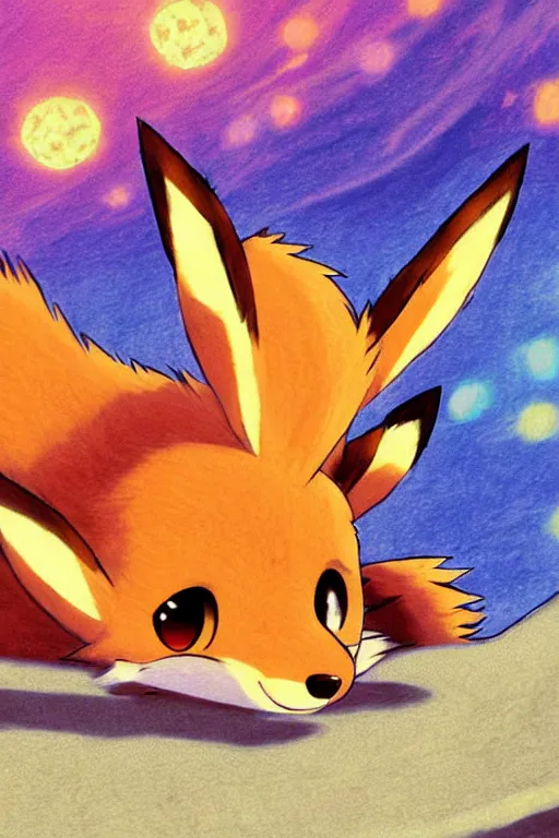 Image similar to An Eevee fox lying on a red carpet, poster art by Ken Sugimori, featured on Pixiv, furry art, anime aesthetic, poster art, 2d