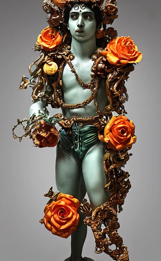 Prompt: a young handsome latino porcelain prince sculpture with a face of a CRT monitor and a large glowing orange crystal in the center of his chest, full-body bronze cyberpunk style statue of Andromeda with glowing green laser eyes, crown of mechanical roses, flowing aqua silk, fabric, steampunk flowers. baroque elements, human hands. full-length view. baroque element. intricate artwork by caravaggio. many flying horses on background. Trending on artstation, octane render, cinematic lighting from the right, hyper realism, octane render, 8k, depth of field, 3D