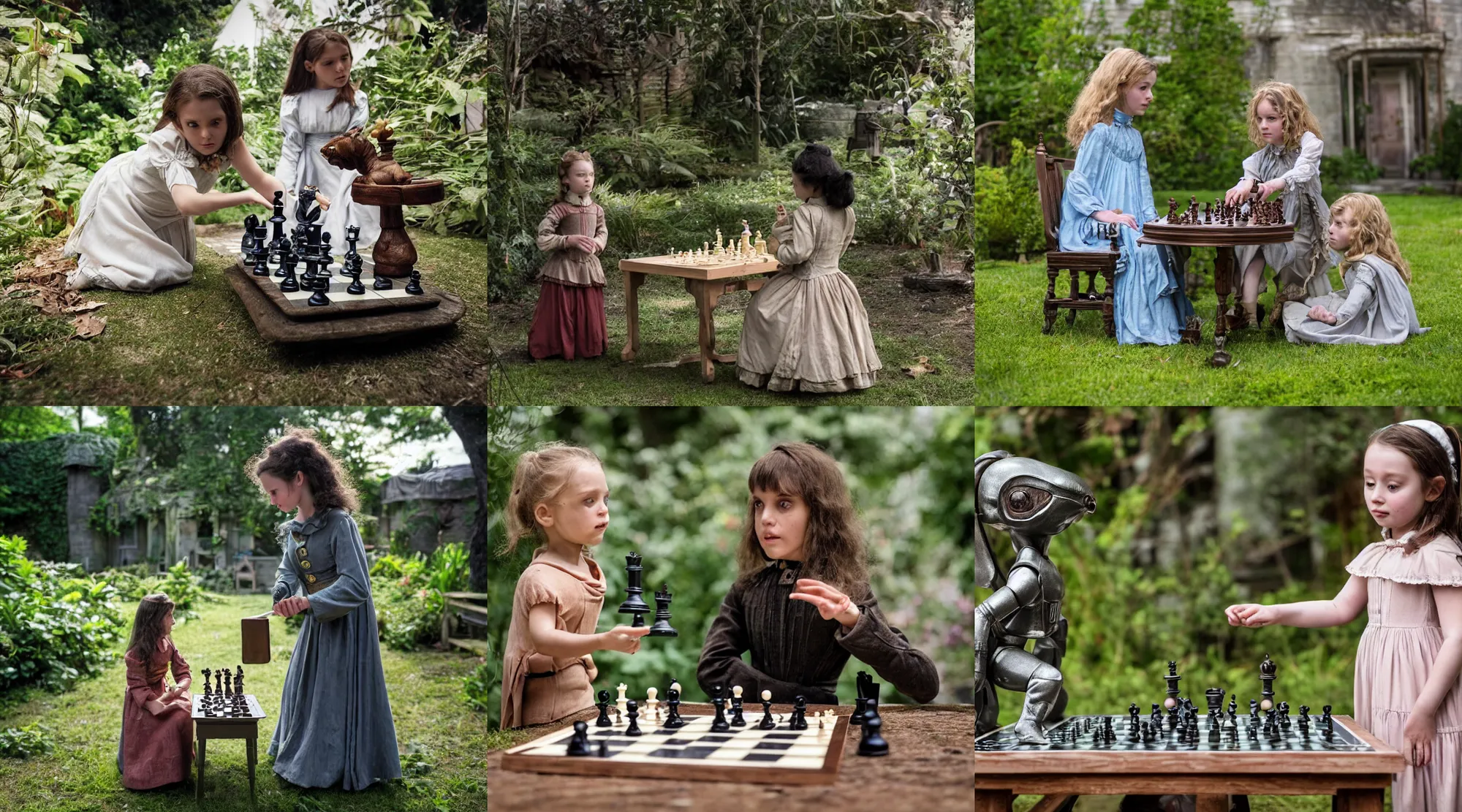 Prompt: 70mm still from a sci fi blockbuster movie made in 2022, set in 1860, a girl playing chess with a small cute humanoid alien creature, wearing 1850s era clothes, in a garden of a house, on an alien planet, good lighting, 8k, in focus faces, good quality photography