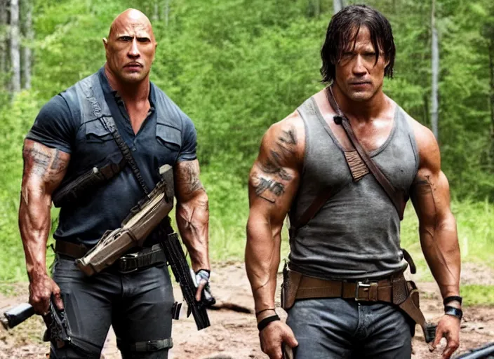 Prompt: film still of dwayne the rock johnson as daryl dixon in the new walking dead tv series, 4 k