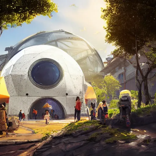 Prompt: clean white sci-fi dome in a pleasant urban setting surrounded by families, peaceful, majestic, in style of apex legends, art station, ultra hd, soft light, overhead sun, ultra hd, art station