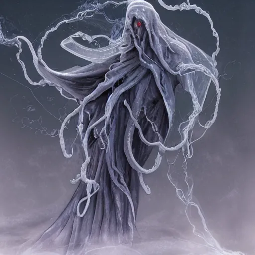 Image similar to concept designs of an ethereal ghostly wraith like figure with a squid like parasite latched onto its transparent skull and long tentacle arms that flow lazily but gracefully at its sides like a cloak while it floats around a frozen rocky tundra in the snow searching for lost souls and that hides amongst the frosted trees, this character has hydrokinesis and electrokinesis in the style of arcane the series on netflix